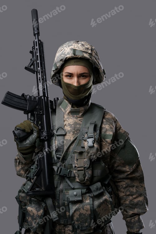 Preview: Professional militant woman with rifle isolated on grey background