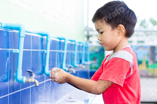 Preview: Asian child boy cleaning and washing his hands by water and soap. Healthy care.