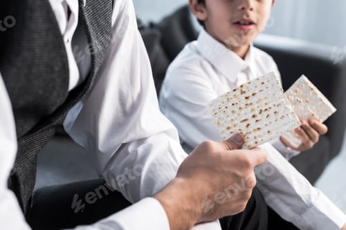 Preview: cropped view of jewish father and son holding matza in apartment