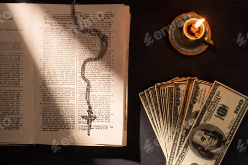 Preview: KYIV, UKRAINE - JANUARY 17, 2020: top view of holy bible with money, cross and candle on dark