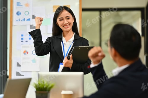 Preview: Business marketing team celebrating success goals, winning and achievement.