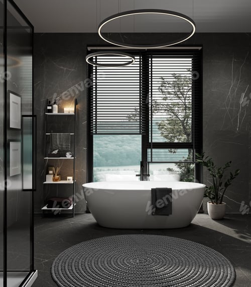 Preview: Luxurious dark modern bathroom with shower, bathtub and large window