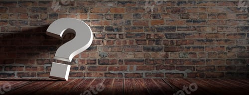 Preview: Questionmark on wooden floor and vintage brickwall background. 3d illustration
