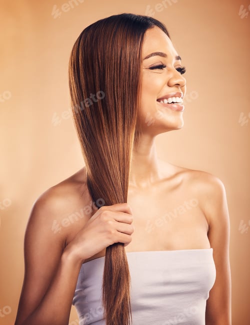 Preview: Happy woman, hair and beauty with salon hairstyle, haircare and keratin treatment isolated on studi