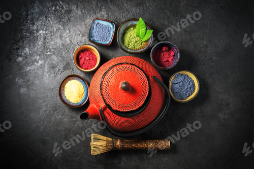 Preview: Various matcha tea powders on a dark concrete background. Top view.