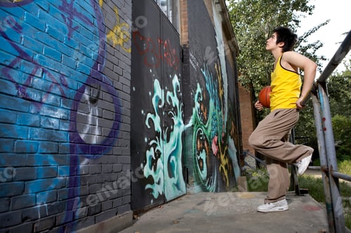 Visualização: Adolescente olhando para parede pintada com spray