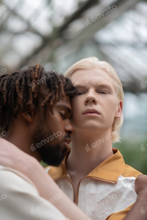 Preview: Men of different nationalities hugging while standing