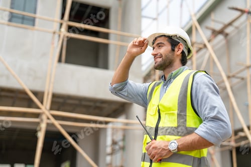 Preview: Male civil engineer holding walkie talkie walking to inspection housing estate at construction site