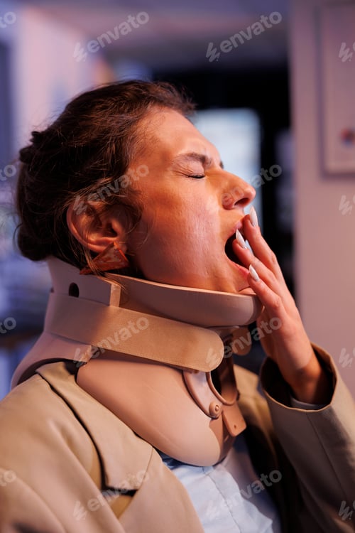 Preview: Injured businesswoman yawning late at night in startup office