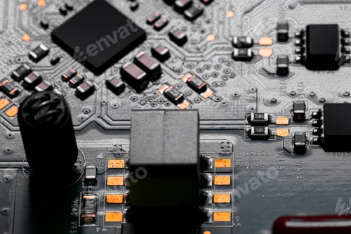 Preview: Closeup shot of details of components and microchips on a PC circuit board