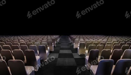 Preview: Rows of seats at an empty dark conference center