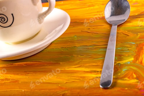 Preview: Cup of coffee with milk on a yellow