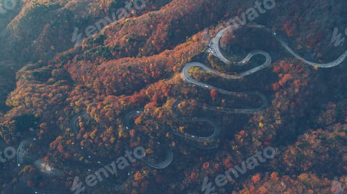 Preview: Beautiful curvy street on the Nikko mountain, Japan. Aerial view