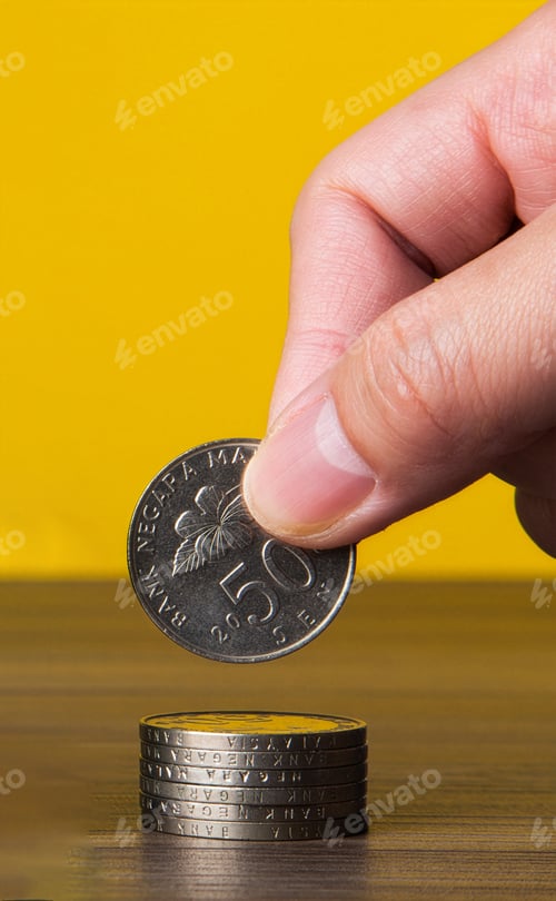 Preview: Hand stacking malaysian 50 sen coin for savings
