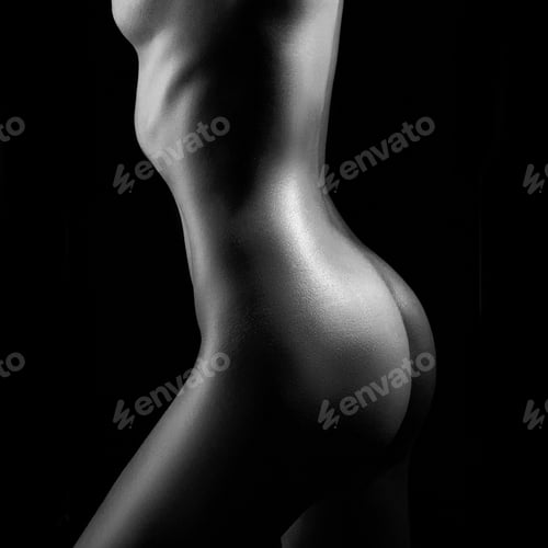 Preview: Silhouette naked woman is black and white, art Nude pose, bright contrast shadow