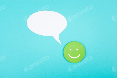 Preview: Smiling face with a speech bubble, blue colored background, copy space, rating, positive feedback