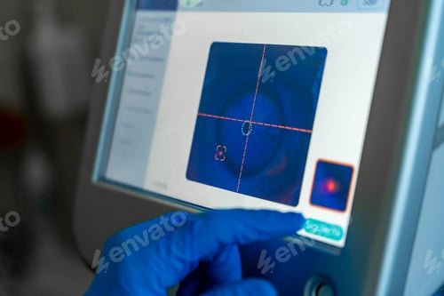 Preview: Ophthalmologist using screen used to monitor the patient's eye