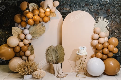 Preview: Birthday Cake on a background balloons party decor. Copy space. Trendy Cake. Delicious wedding