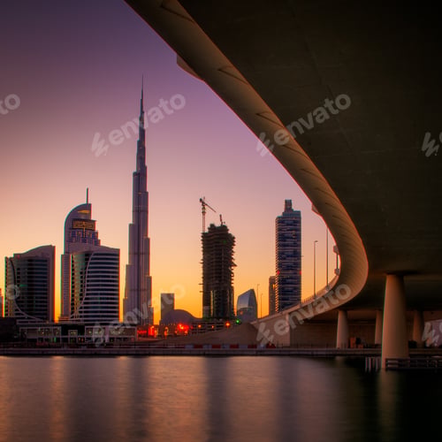 Preview: Reflection of tallest skyscrapers in Business Bay. Downtown summer day. Dubai, United Arab Emirates.