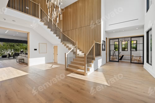 Preview: Modern home interior with wooden staircase and large windows