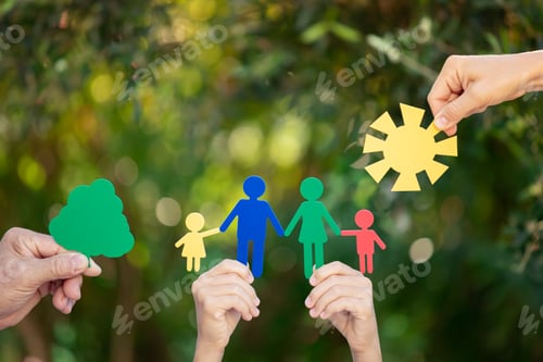 Preview: People holding paper family in hands against spring green background