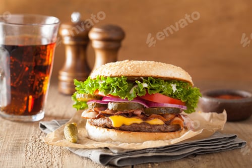 Preview: bacon cheese burger with pickles tomato onion