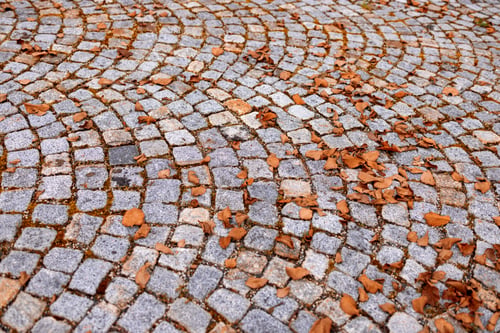 Preview: Road made of paving stones in autumn brown leaves