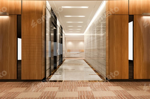 Preview: modern steel elevator lift lobby in business hotel with luxury design near corridor