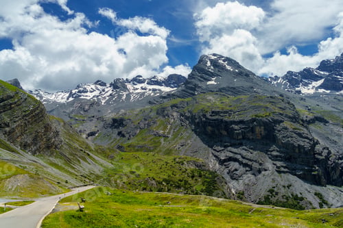 Preview: Mountain landscape along the road to Stelvio pass (Lombardy) at summer