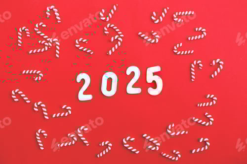 Preview: wooden Numbers 2025 on red background .Festive concept