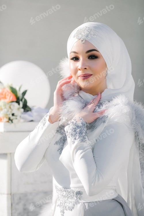 Preview: Elegant Woman in White Gown and Headscarf