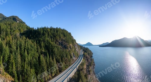 Preview: Aerial View of Sea to Sky Highway in Howe Sound. Sunset Sky.