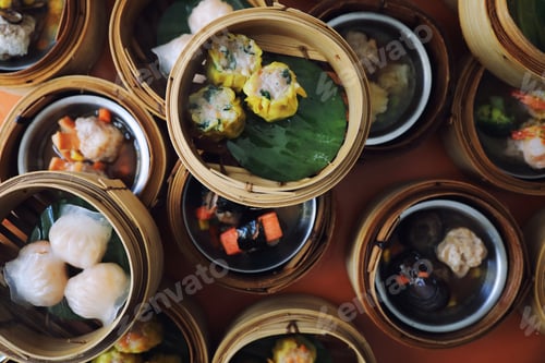 Preview: Dim Sum On Wood Basket , Chinese Food Top View