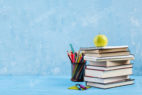 Preview: Set of colorful school supplies, books and notebooks. Stationery accessories.