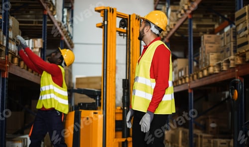 Preview: Industrial workers loading delivery box inside warehouse store - Focus on right man hardhat