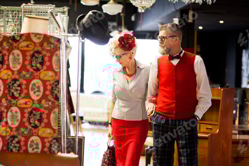 Preview: Quirky vintage couple shopping in antiques and vintage emporium
