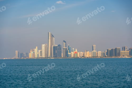 Preview: Panorama view of Abu Dhabi skyline with water, UAE