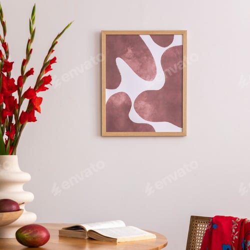 Preview: Warm and cozy interior of living room space with mock up poster frame, wooden table, red flowers