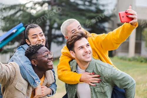 Preview: Young group of students taking a selfie in the campus.