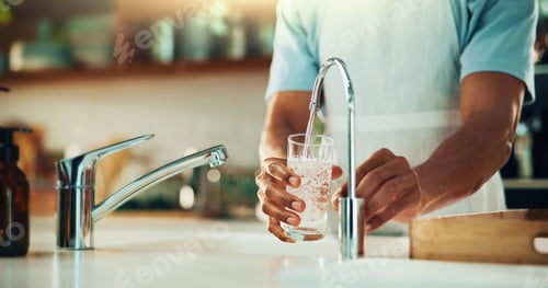Preview: Person, tap and hands with glass of water in kitchen for fresh drink, liquid and hydration. Sink cl