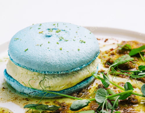 Preview: Molecular cuisine. macarons with pate on white plate