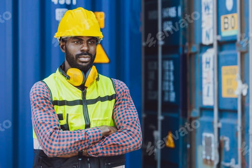 Preview: Logistics industry African black male engineer staff worker foreman at port container