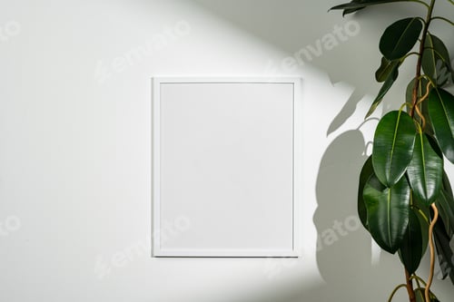 Preview: White wooden photo frame with plant leaves on white background