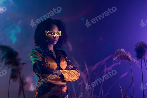 Preview: Metaverse digital cyber world technology, woman with smart goggles playing augmented reality game