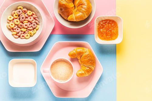 Preview: Coffee and croissants on a bright trendy background