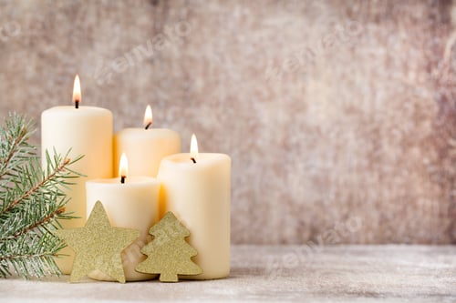 Preview: Christmas candles and lights. Christmas background.