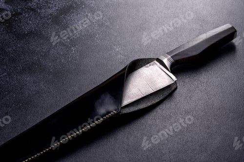Preview: A large handmade hunting knife lying on a dark background