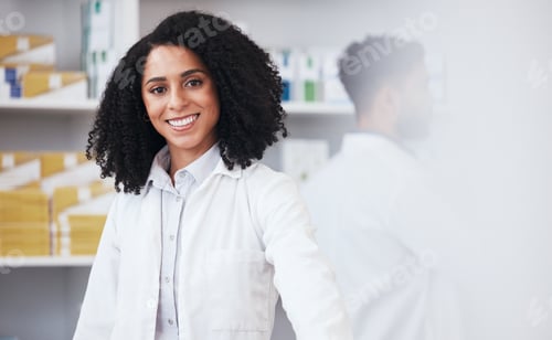 Preview: Pharmacy, dispensary and portrait of black woman for medical service, medicine and wellness. Health