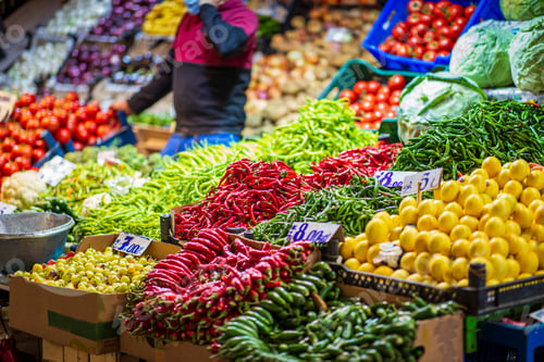 Preview: Colorful view of greengrocery counter with several fruits and vegetables