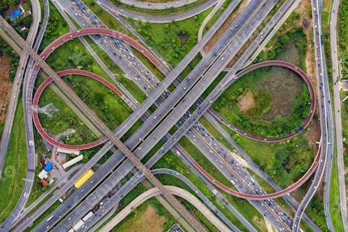Preview: Aerial view of highway junctions. Bridge roads shape in structure. Top view. Urban city